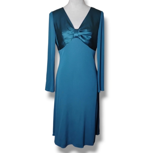 Vintage Talbots Teal Bow-Bust Midi Dress | Silk Bodice | Long Sleeve | 6P - Picture 1 of 9